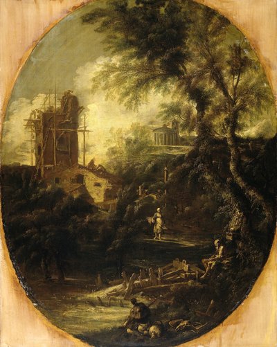 Paisaje con ermitaño, peregrino y campesina de Antonio Francesco Peruzzini (attributed to)