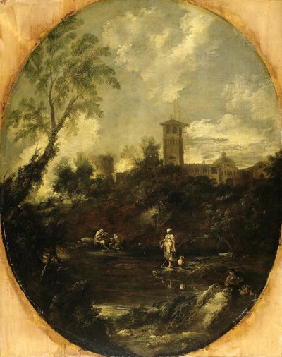 Paisaje con monjes, peregrino y campesina de Antonio Francesco Peruzzini (attributed to)