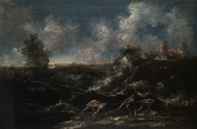 Paisaje marino con pescador sacando redes de Antonio Francesco Peruzzini