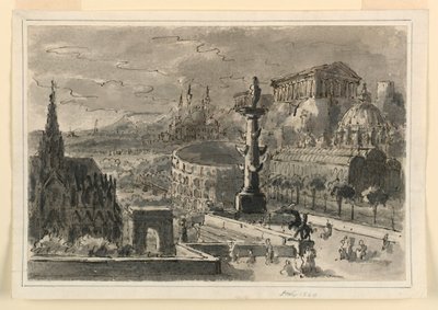 Diseño de escenario, aglomeración de varios edificios de Antonio Giuseppe Basoli