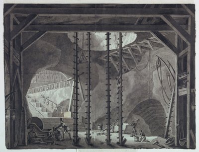 Diseño Escénico, Hombres Construyendo Edificio en Cueva de Antonio Giuseppe Basoli