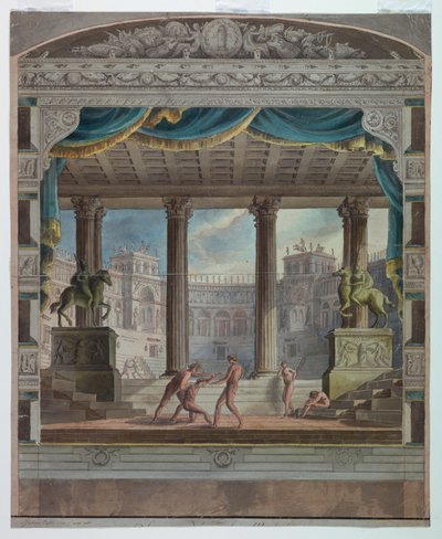 Cortina de teatro: Vista de un anfiteatro clásico, Teatro Marsigli-Rossi, Bolonia de Antonio Giuseppe Basoli