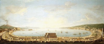 Una vista panorámica de la Bahía de Nápoles, con la procesión real a Piedigrotta de Antonio Joli