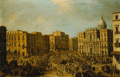 El Largo San Ferdinando, Nápoles, en tiempo de carnaval con el carruaje real acercándose al Palazzo Reale de Antonio Joli