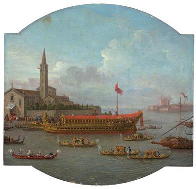Vista del Bucintoro anclado frente a San Nicolo al Lido, Venecia, para la ceremonia del Sposalizio del Mare de Antonio Joli
