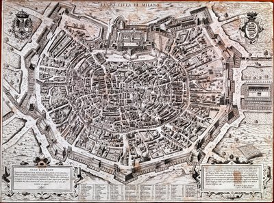 Mapa de la ciudad de Milán editado por Antonio Lafreri en 1573. Este es el mapa más antiguo de la ciudad. Milán, Museo de Milán de Antonio Lafreri