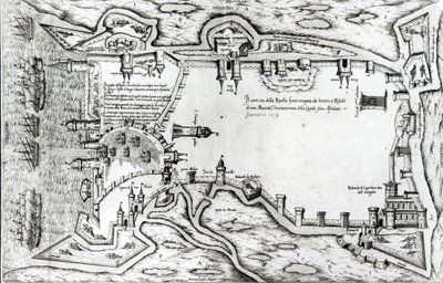 Mapa que ilustra La Rochelle ocupada por los hugonotes de Antonio Lafreri