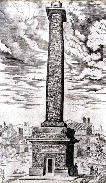 Columna de Trajano en Roma celebrando las campañas del Emperador en Dacia, grabado por el artista de Antonio Lafreri