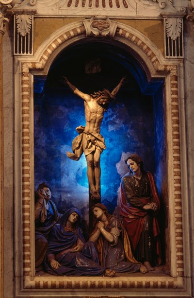Crucifixión, por Anton Maria Maragliano (1664-1739), capilla del Crucifijo, Santuario de Nuestra Señora de Acquasanta, Acquasanta, Génova, Liguria, Italia de Antonio Maria Maragliano