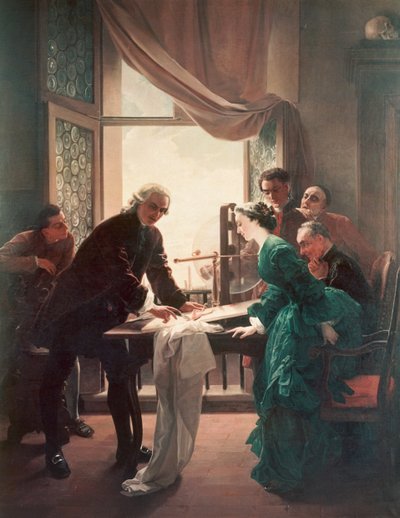 Luigi Galvani (1737-1798) haciendo experimentos con ranas, ayudado por su esposa Lucia Galeazzi de Antonio Muzzi