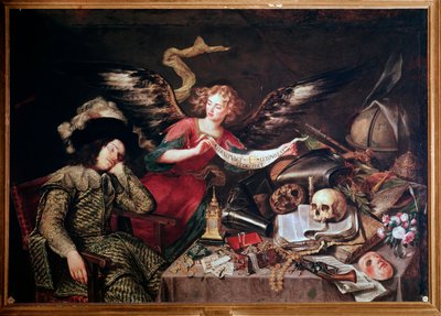 Un ángel muestra el sueño de un caballero dormido, hecho de vanidad y orgullo, juego, dinero, joyas de Antonio Pereda y Salgado