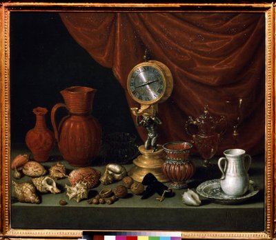 "Bodegón con reloj" Péndulo, jarra, conchas, nueces, copa de cristal. Pintura de Antonio de Pereda y Salgado (1611-1678) 1652 Museo Pushkin, Moscú de Antonio Pereda y Salgado