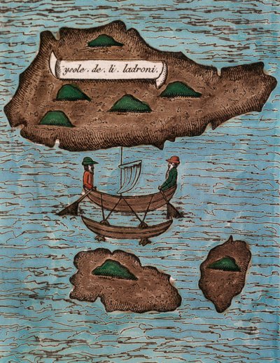 Islas de los Ladrones (hoy Islas Marianas), xilografía coloreada de Relazione del primo viaggio intorno al mondo con Ferdinando Magellano (Relación del primer viaje alrededor del mundo con Ferdinando Magellano) de Antonio Pigafetta
