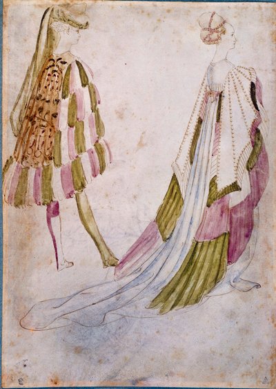Un hombre y una mujer con trajes de corte de Antonio Pisanello