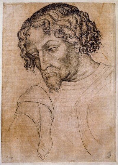 Busto de hombre barbudo, cabeza inclinada hacia la izquierda. Dibujo del taller de Antonio di Puccio Pisano dit Pisanello (1395-1455). Pluma (dibujo), sangre. Louvre, gabinete de dibujos de Antonio Pisanello