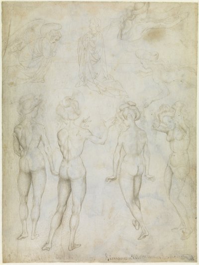 Cuatro estudios de un desnudo femenino, una Anunciación y dos estudios de una mujer nadando, c.1425 (punta de metal, pluma y lápiz marrones sobre pergamino) de Antonio Pisanello