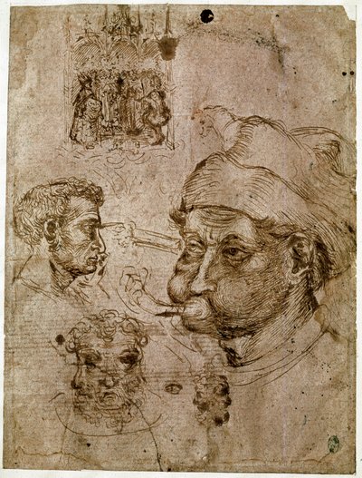 Cuatro cabezas de hombres, dos de las cuales tienen tres caras. Un retablo. Un caballo. Dibujos del taller de Antonio di Puccio Pisano dit Pisanello (1395-1455). Tinta marrón, pluma (dibujo), sangre. Louvre, Cabinet des medailles de Antonio Pisanello