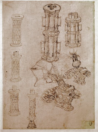 Tres cascos coronados con crestas y dos piezas de armas desmanteladas (Dibujo de Antonio di Puccio Pisano dit Pisanello) de Antonio Pisanello