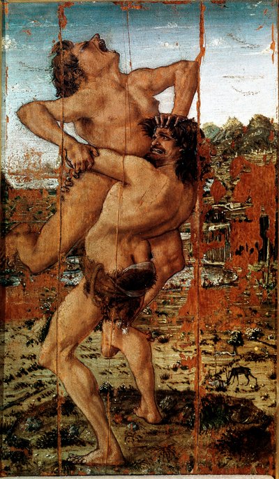 Los doce trabajos de Hércules: “Heracles (Hércules) levanta al gigante Anteo” Pintura de Antonio Benci llamado El Pollaiolo (1431-1498) de Antonio Pollaiuolo