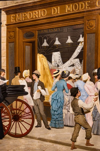 La Época, detalle de mujeres mirando un escaparate, un pregonero y un niño de Antonio Puccinelli