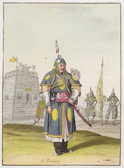 Soldado chino con armadura completa, ilustración de 