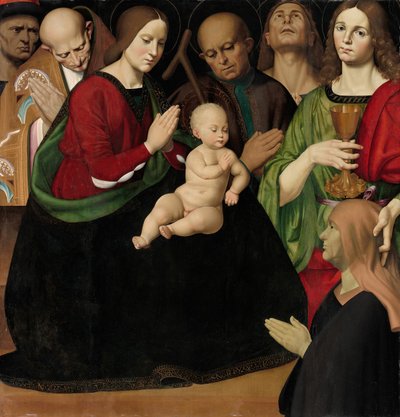 La Sagrada Familia con cuatro santos y una donante, c. 1510 de Antonio Rimpacta