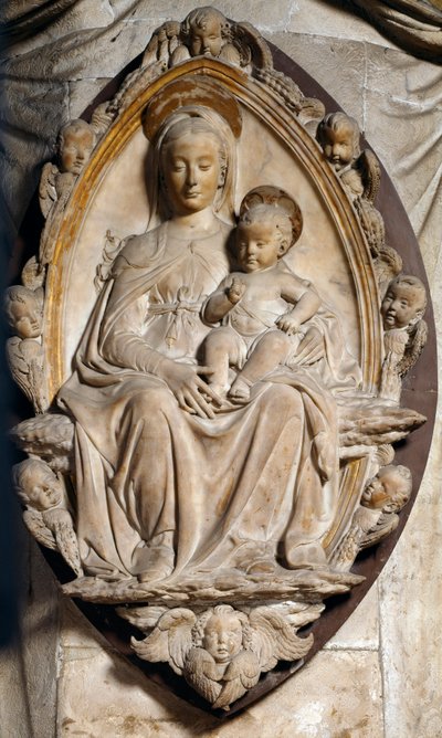 Virgen y niño en mandorla. Escultura en bajo relieve de Antonio Rossellino