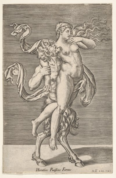 Sátiro cargando una ninfa, cuyo brazo derecho está envuelto alrededor del cuello del sátiro, con..., ca. 1505-62 de Antonio Salamanca