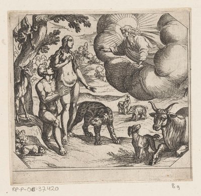 Adán y Eva colocados en el paraíso Creación (título de la serie) de Antonio Tempesta