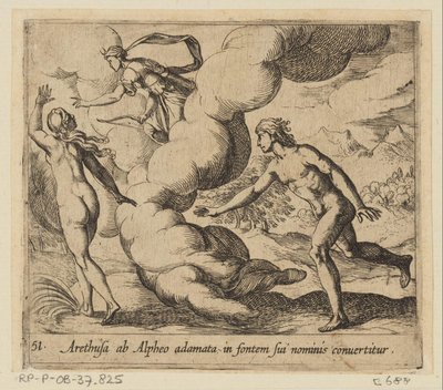 Arethusa wordt achtervolgd puerta Alpheus Aretusa, enamorada de Alfeo, se convierte en la fuente de su nombre (título sobre objeto) Metamorphoseon o transformaciones (título de la serie) Metamorfosen van Ovidius (título de la serie) de Antonio Tempesta