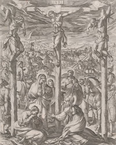 Cristo crucificado entre los dos ladrones, las tres Marías al pie de la cruz de Antonio Tempesta