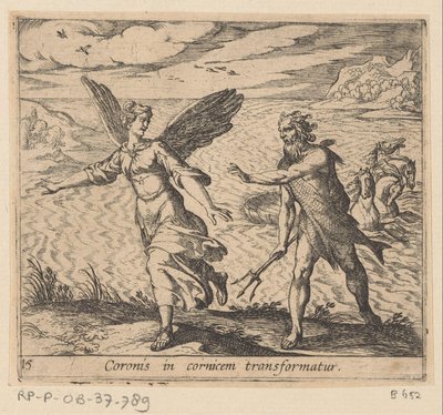 La corona se transformó en een kraai Una corona se transforma en una cornisa (título sobre objeto) Metamorphoseon o transformaciones (título de la serie) Metamorfosen van Ovidius (título de la serie) de Antonio Tempesta