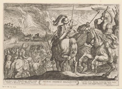 Los egipcios persiguen a los israelitas por el Mar Rojo Faraón Hebreos persequitur (título sobre objeto) Escenas de batalla del Antiguo Testamento (título de la serie) de Antonio Tempesta