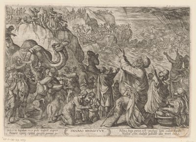 Los egipcios se están ahogando en el Mar Rojo Faraón Mergitur (título sobre el objeto) Escenas de batalla del Antiguo Testamento (título de la serie) de Antonio Tempesta