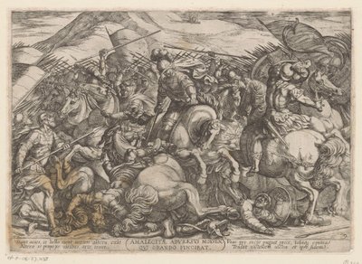 Los israelitas luchan contra los amalecitas. Amalecitae adversus Moysen qui orando vincibat (título sobre objeto) Escenas de batalla del Antiguo Testamento (título de la serie) de Antonio Tempesta