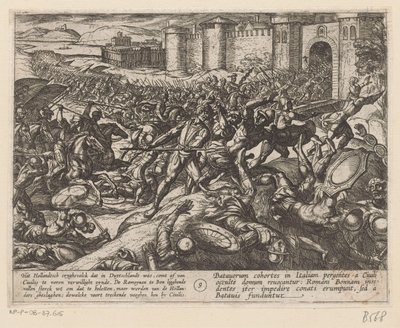 Los romanos son derrotados por las tropas holandesas en Bonn. Las guerras de Batavia contra los romanos (título de la serie) Batavorum cum Romanis Bellum (título de la serie) de Antonio Tempesta