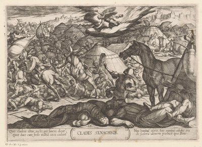 El ángel de la muerte vence al ejército de Senaquerib Clades Senachrib (título sobre el objeto) Escenas de batalla del Antiguo Testamento (título de la serie) de Antonio Tempesta