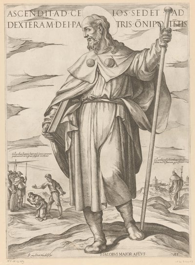De heilige Jakobus de Meerdere El que ascendió al cielo está sentado a la diestra de Dios Padre del Todopoderoso (título sobre el objeto) Cristo, María en de apóstol (título de la serie) de Antonio Tempesta