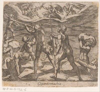 Los gigantes están tratando de atacar el Olimpo. Gigantomachia (título sobre objeto) Metamorphoseon sive transformum (título de la serie) Metamorfosis de Ovidio (título de la serie) de Antonio Tempesta