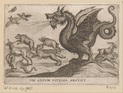 Un dragón ahuyenta a otros animales. Ubi adsum vitiosa absunt (título sobre objeto) Animales de pelea (título de la serie) de Antonio Tempesta