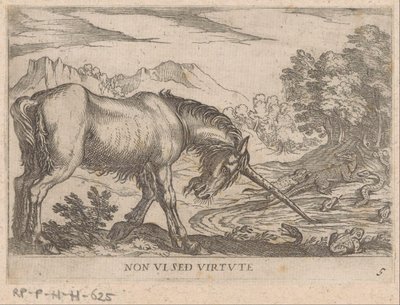 Un unicornio persigue a las lagartijas fuera de un estanque Virtud no vista (título sobre objeto) Animales de pelea (título de la serie) de Antonio Tempesta