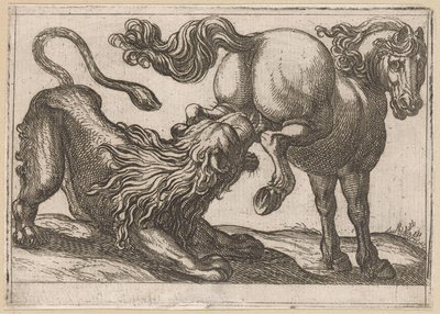 Un caballo pateando a un león Animales de pelea (título de la serie) de Antonio Tempesta
