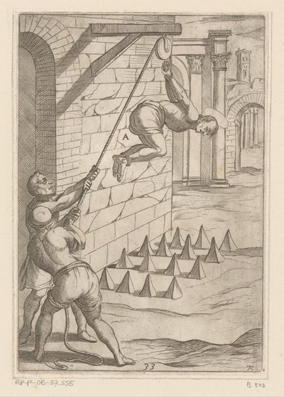Tortura: dejar caer sobre puntas afiladas Torturas sufridas por los mártires cristianos (título de la serie) Varia tormentorum et supplicioru rawlium (...) (título de la serie) de Antonio Tempesta