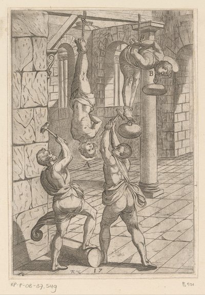 Tortura con martillos mientras se cuelga Torturas sufridas por los mártires cristianos (título de la serie) Varia tormentorum et supplicioru rawlium (...) (título de la serie) de Antonio Tempesta