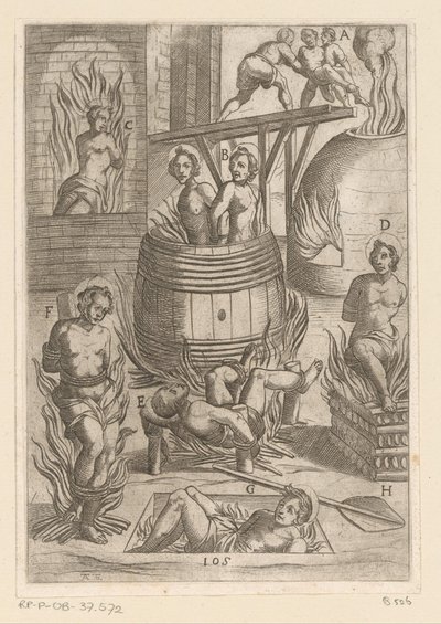 Tortura con diferentes formas de quemar Torturas sufridas por los mártires cristianos (título de la serie) Varia tormentorum et supplicioru rawlium (...) (título de la serie) de Antonio Tempesta