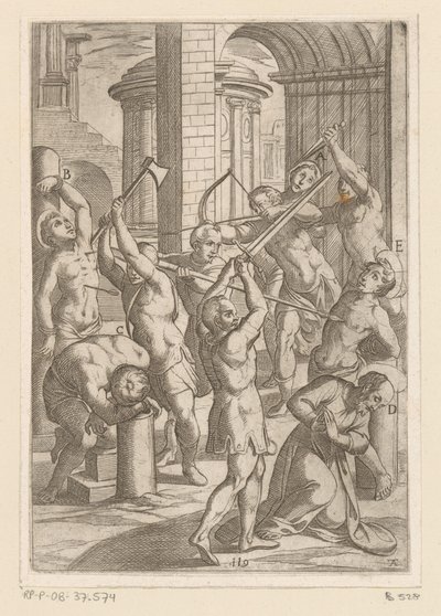 Tortura con espada, lanza y arco y flecha Torturas sufridas por los mártires cristianos (título de la serie) Varia tormentorum et supplicioru rawlium (...) (título de la serie) de Antonio Tempesta