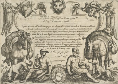 Frontispicio con Cazadores, Perros y Caballos, de 