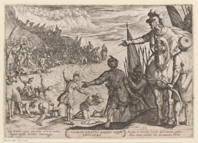 Gedeón elige a sus soldados Gedeon milites haustu aquae explorat (título sobre el objeto) Escenas de batalla del Antiguo Testamento (título de la serie) de Antonio Tempesta