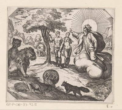Dios prohíbe a Adán y Eva comer del árbol del conocimiento Creación (título de la serie) de Antonio Tempesta