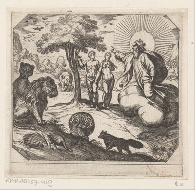 Dios prohíbe a Adán y Eva comer del árbol del conocimiento Creación (título de la serie) de Antonio Tempesta